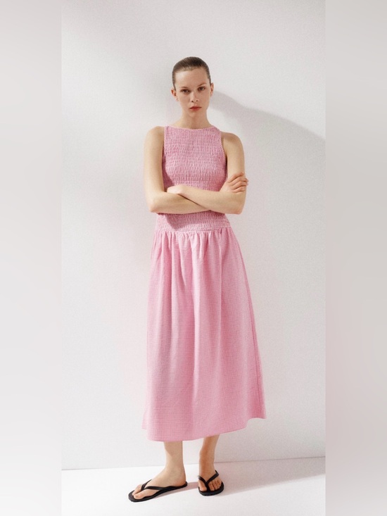 Zara Dresses & Skirts - Zara Gingham Smocked Midi Dress Pink White Sz S | Cottagecore Balletcore